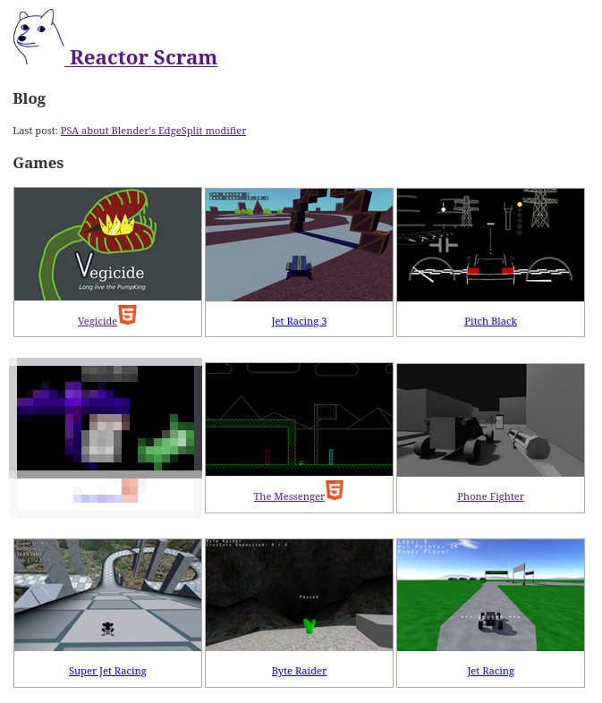 A view of the old website, featuring 9 of the 15+ games I've made over the years.
