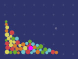 A bunch of colorful 2D balls bouncing around an invisible box on a blue background with white grid marks.